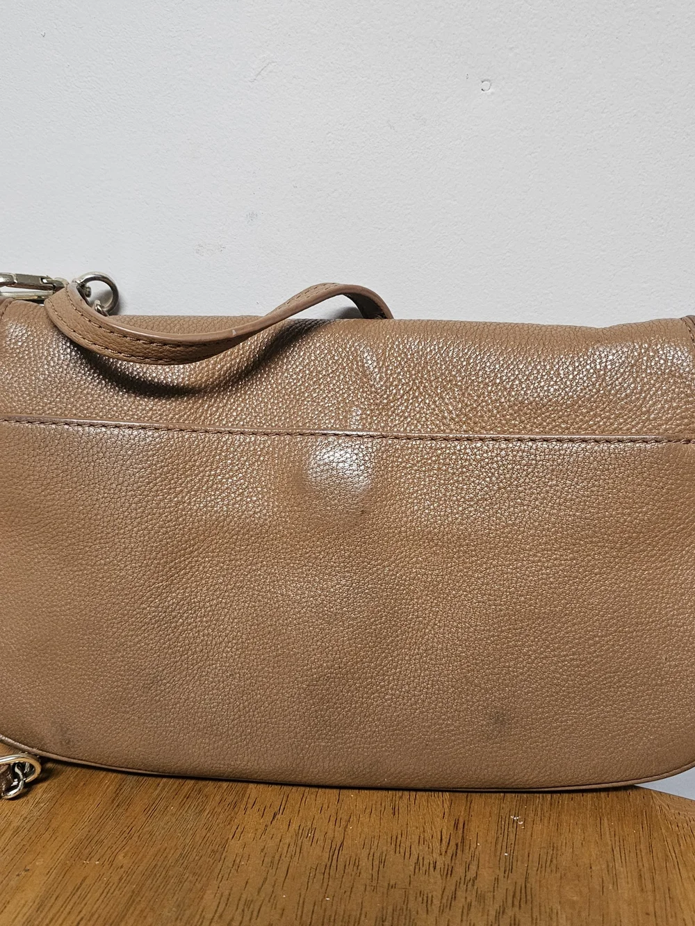 Tory Burch Tan Leather Crossbody Bag Chain Strap Minimalist Neutral Camel‎ Brown